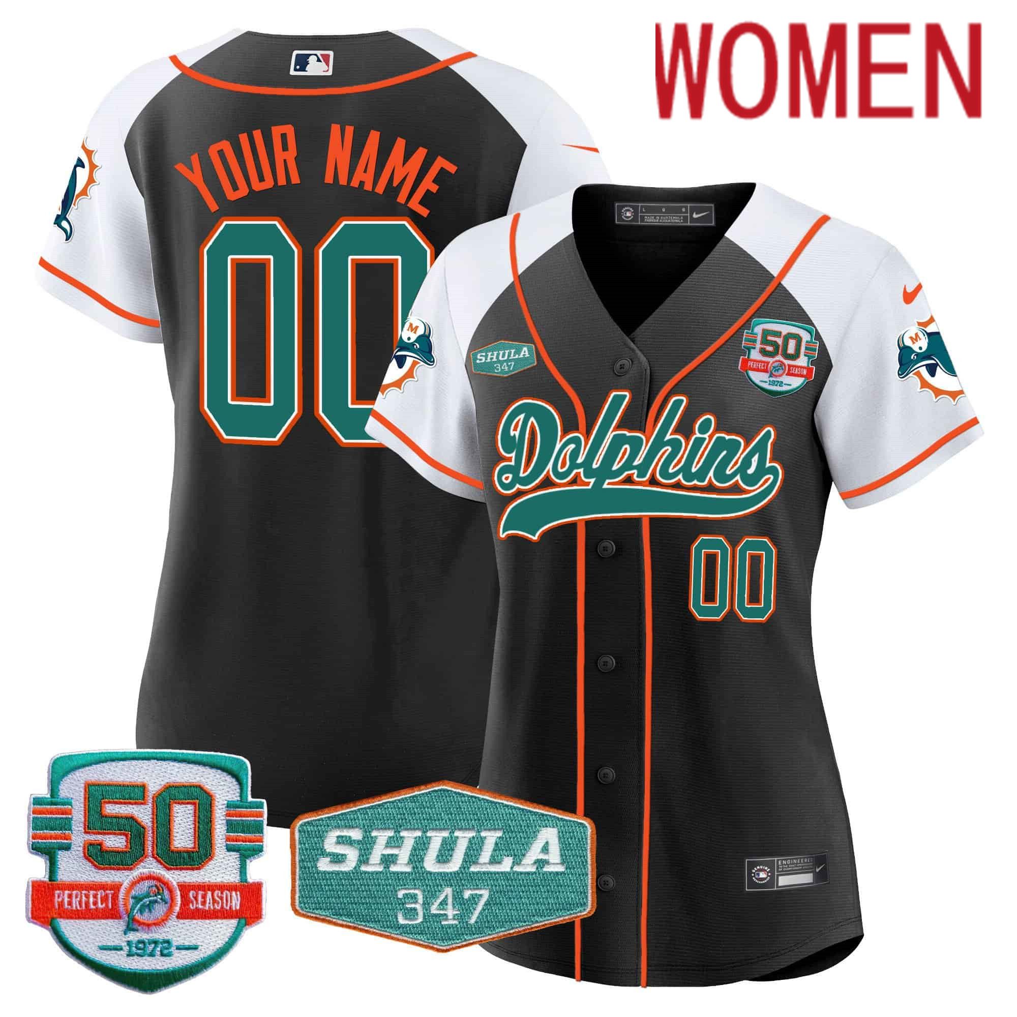 Women Miami Dolphins Black 2024 Nike 50th Don Shula Memorial Patch Baseball Custom NFL Jersey